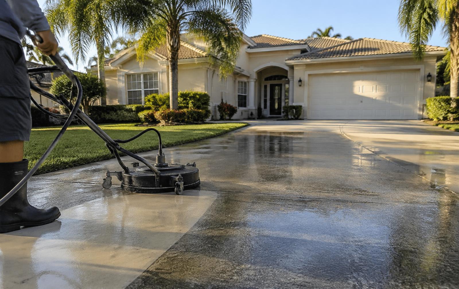 Illustrative image of a surface cleaner pressure washing a concrete driveway