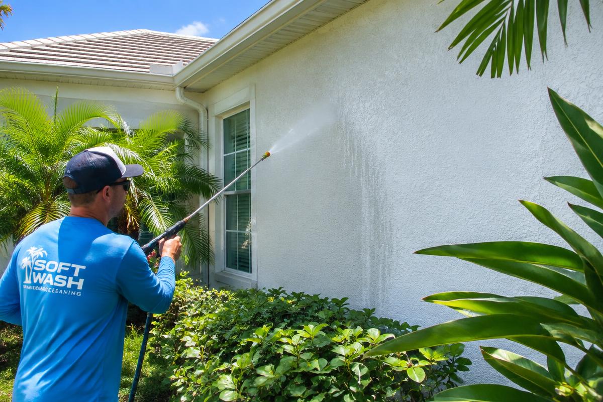 Illustrative image of low-pressure soft washing on a stucco home