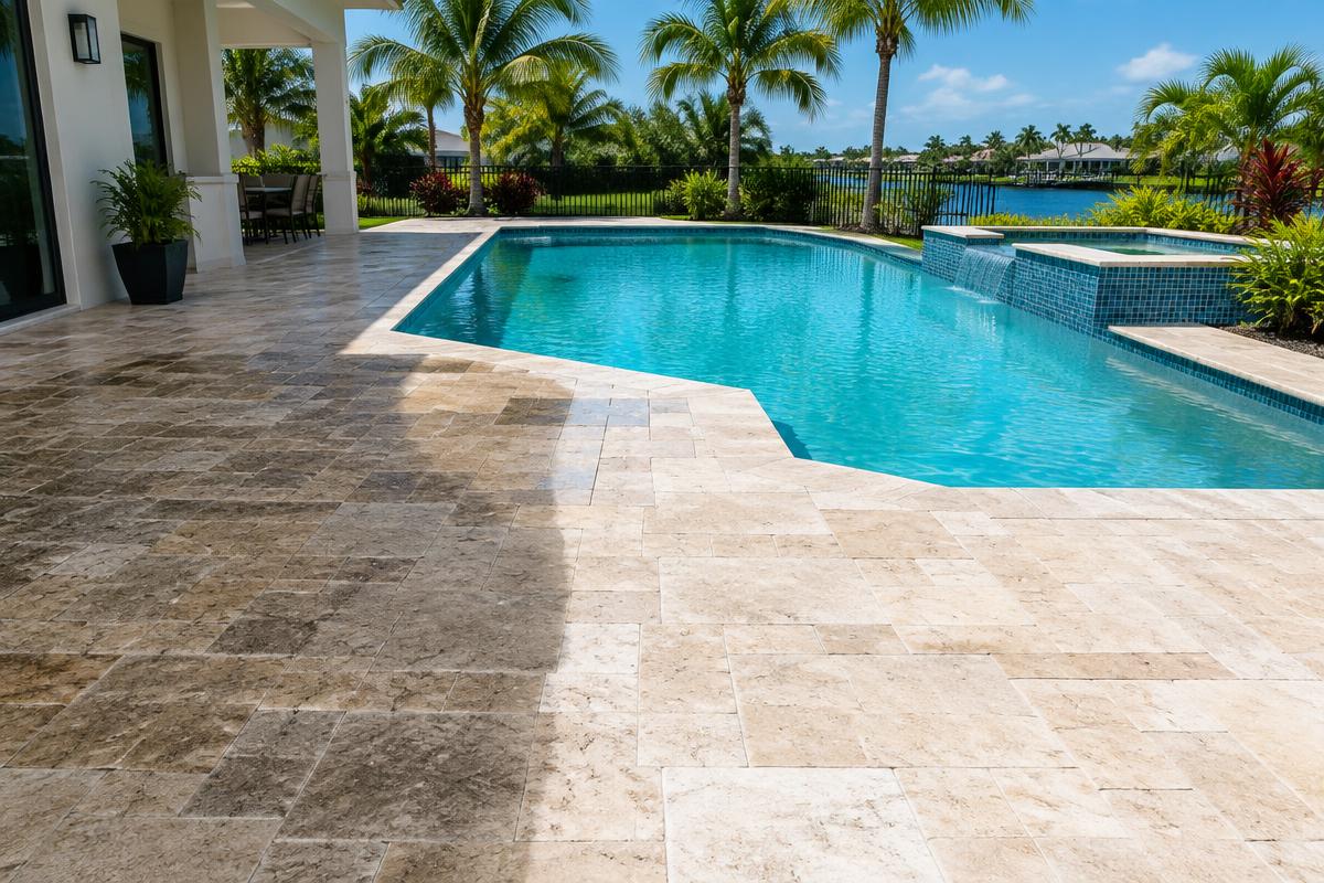 Illustrative image of a paver pool deck partly cleaned
