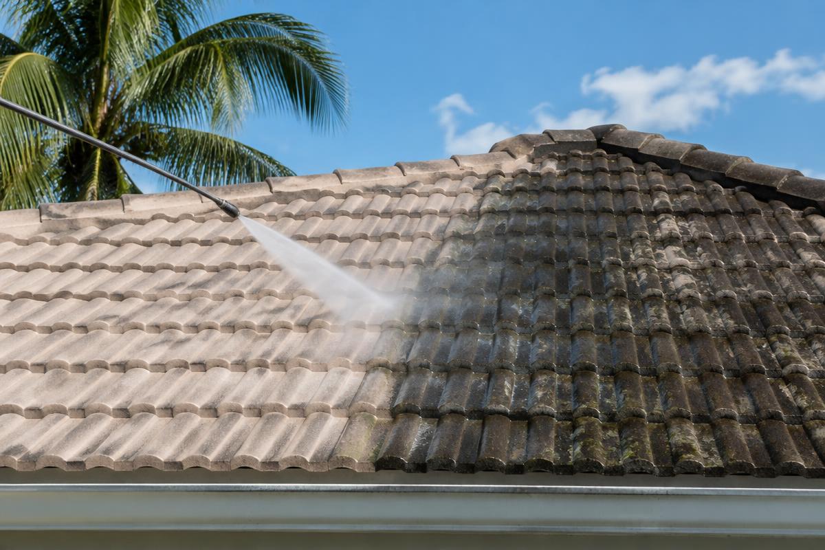 Illustrative image of a tile roof being soft washed
